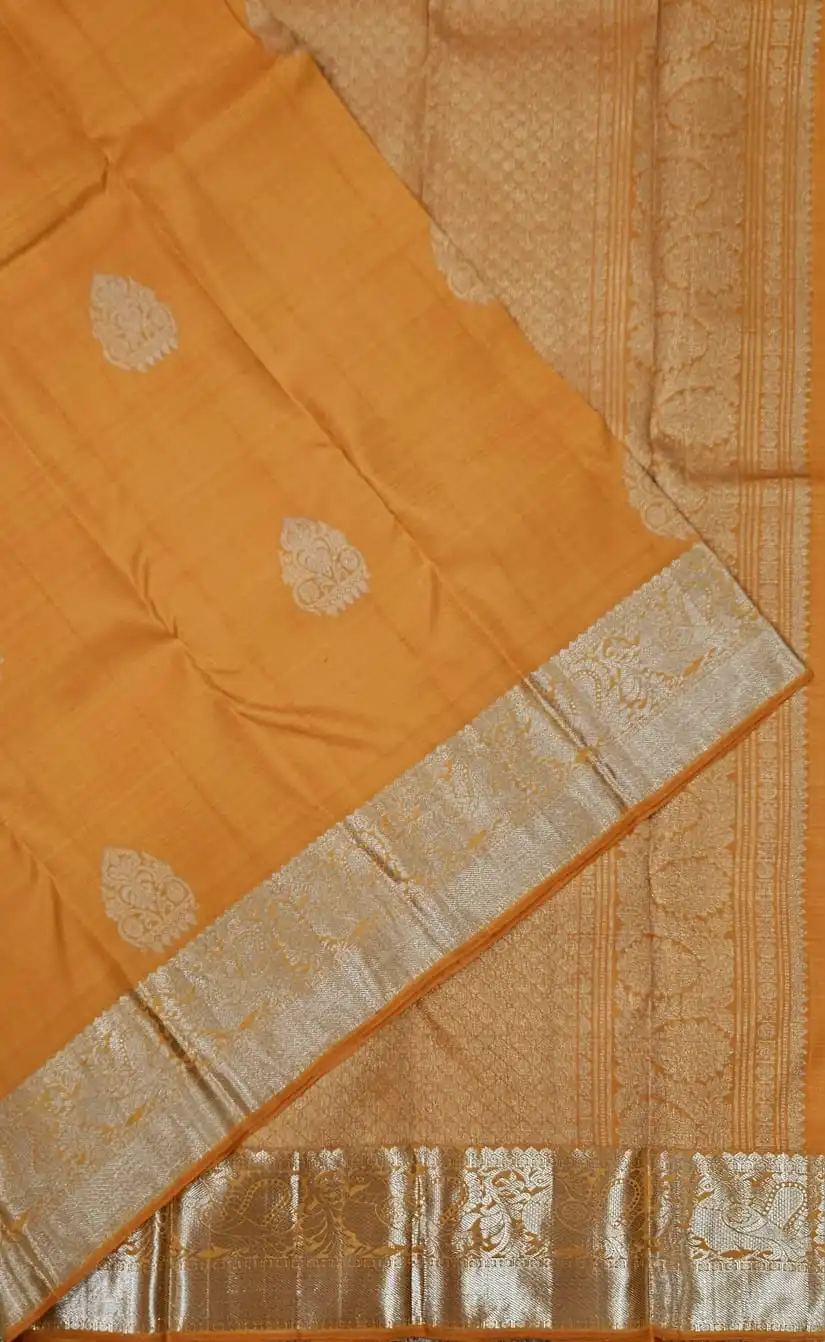 Mustard Yellow Silver Zari Woven Floral Motifs Rich Pallu Kanchipuram Silk Saree